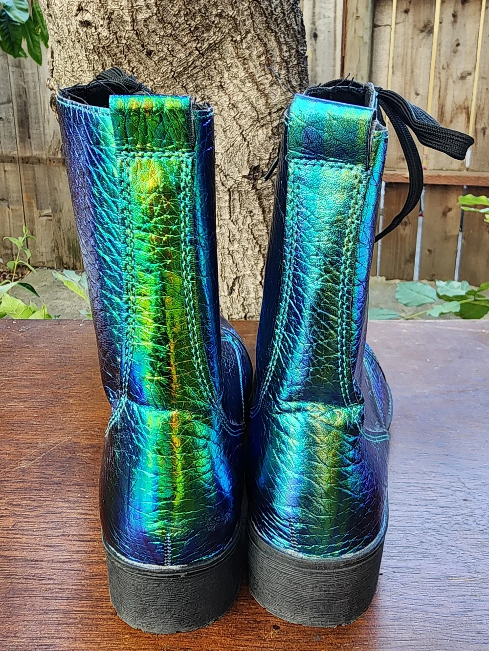 Vintage N.Y.L.A. Iridescent Metallic Oil Slick Combat Boots Blue Green [8]